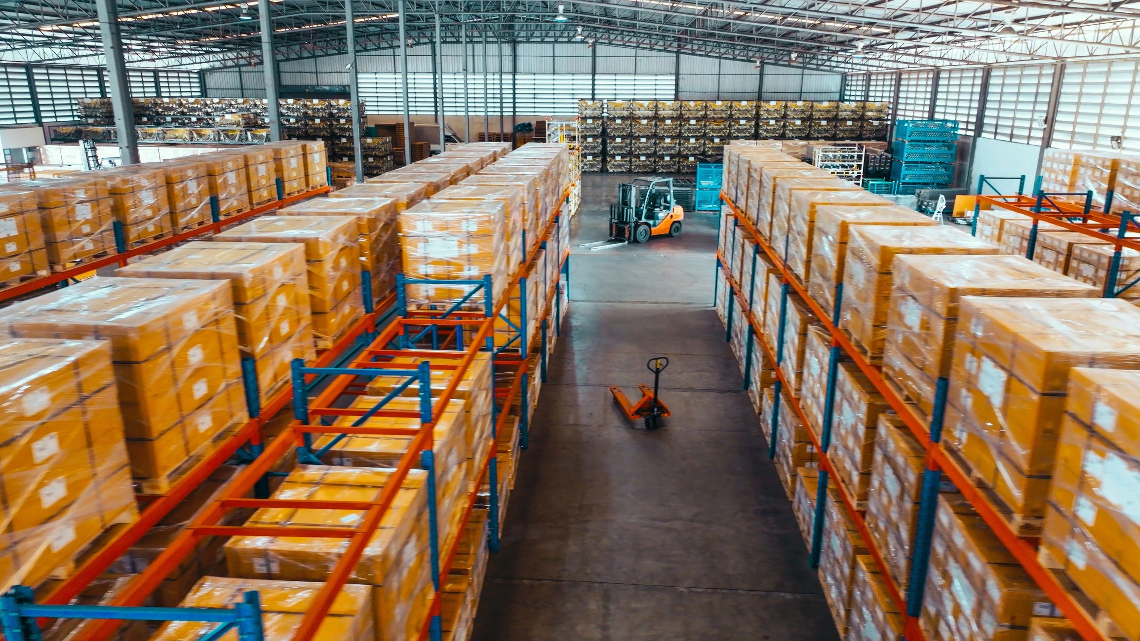 Warehouse shelves representing logistics and shipment coordination