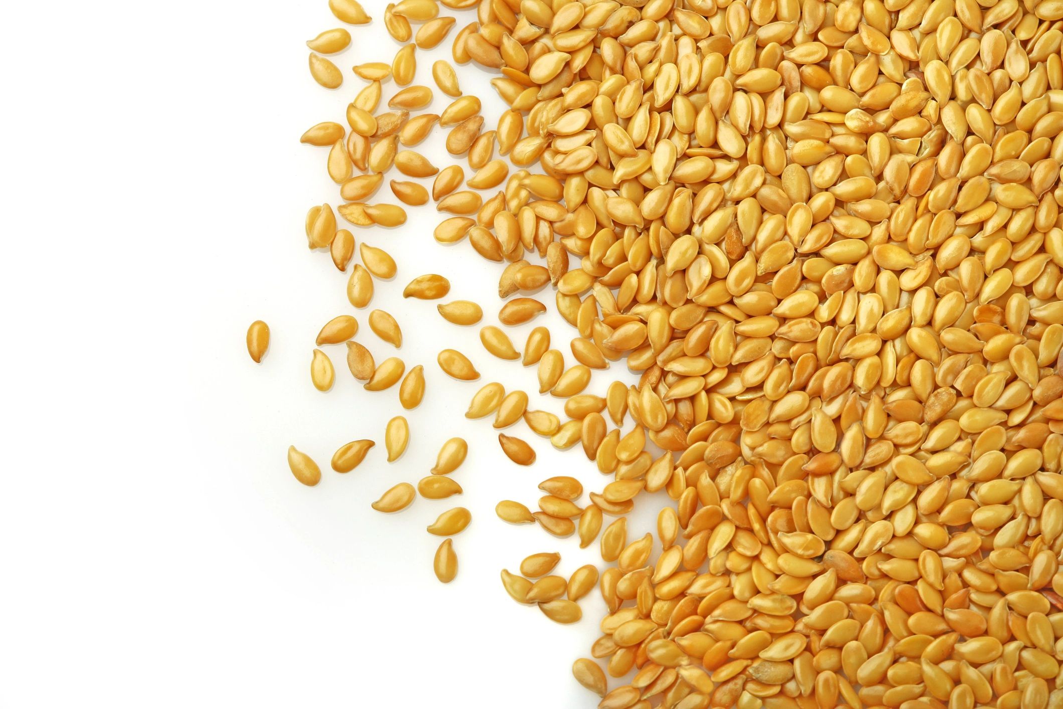 Light colored seeds spilled on white background